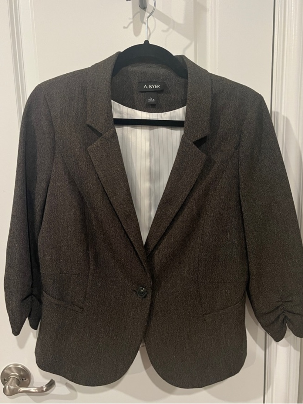 A. Byer Dark Brown Ruched-Sleeve Textured Blazer